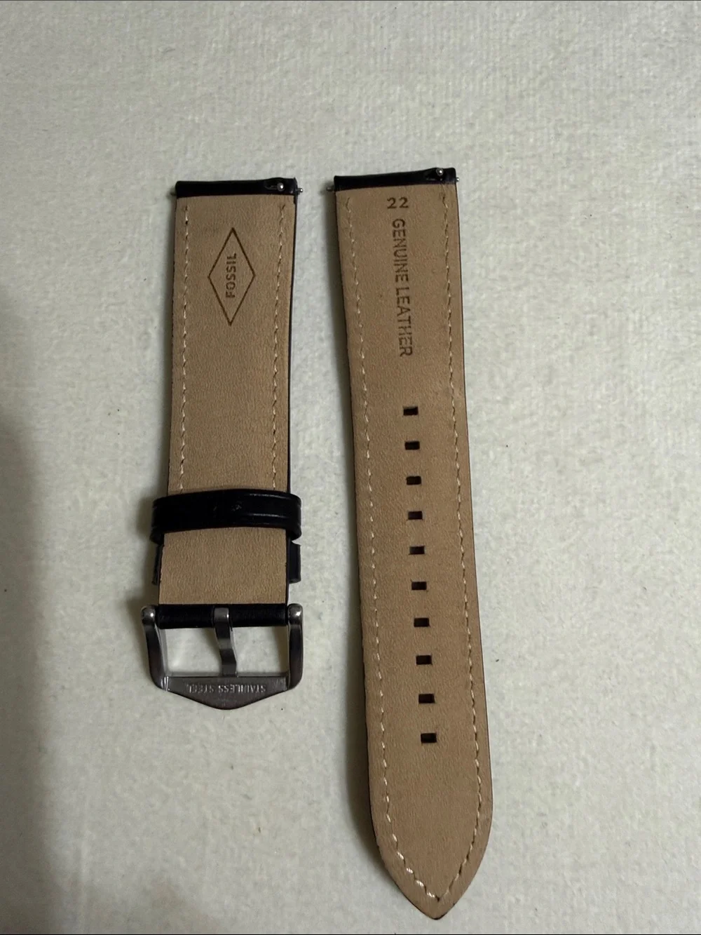 22mm Fossil Black Leather Watch Strap with Silver Buckle